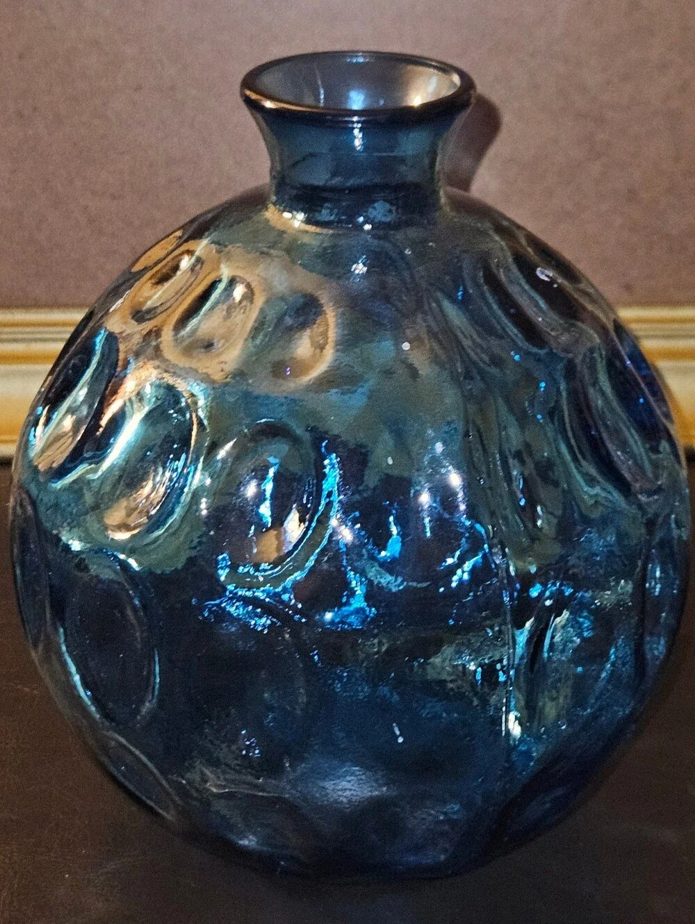 Vintage Sapphire Blue Thumb Print Glass Round Flower Vase